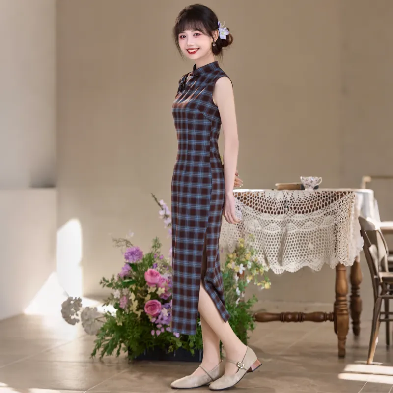 MJ Spring Summer Cheongsam Students Women's Blue Plaid-2