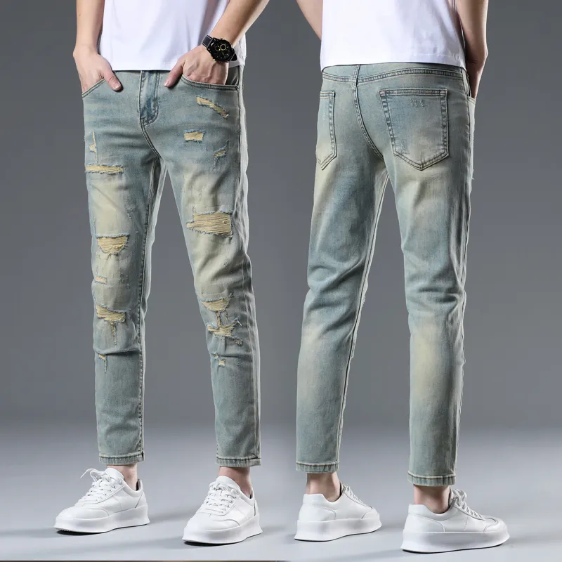 JIKENDI Jeans Men Vintage Blue Ankle Length Pants-3