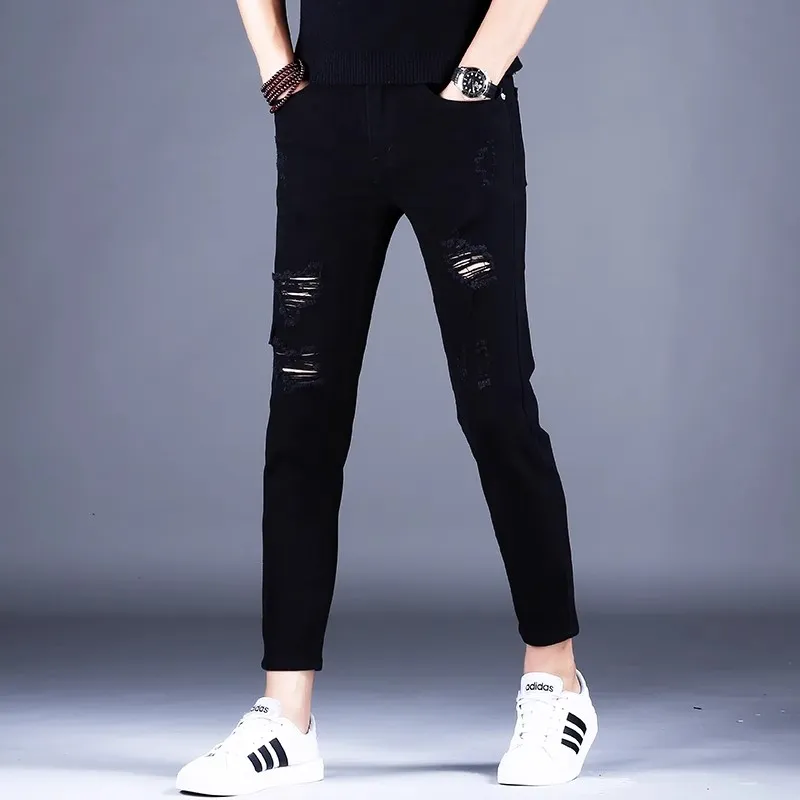 JIKENDI Jeans Men Black Ankle Length With Holes-3