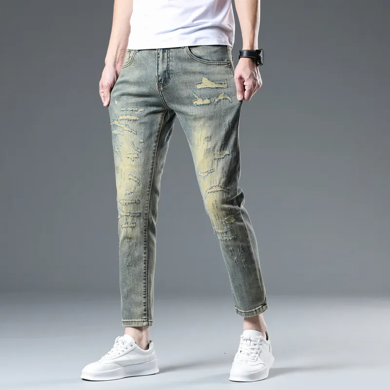 JIKENDI Jeans Men Vintage Blue Ankle Length Pants-4