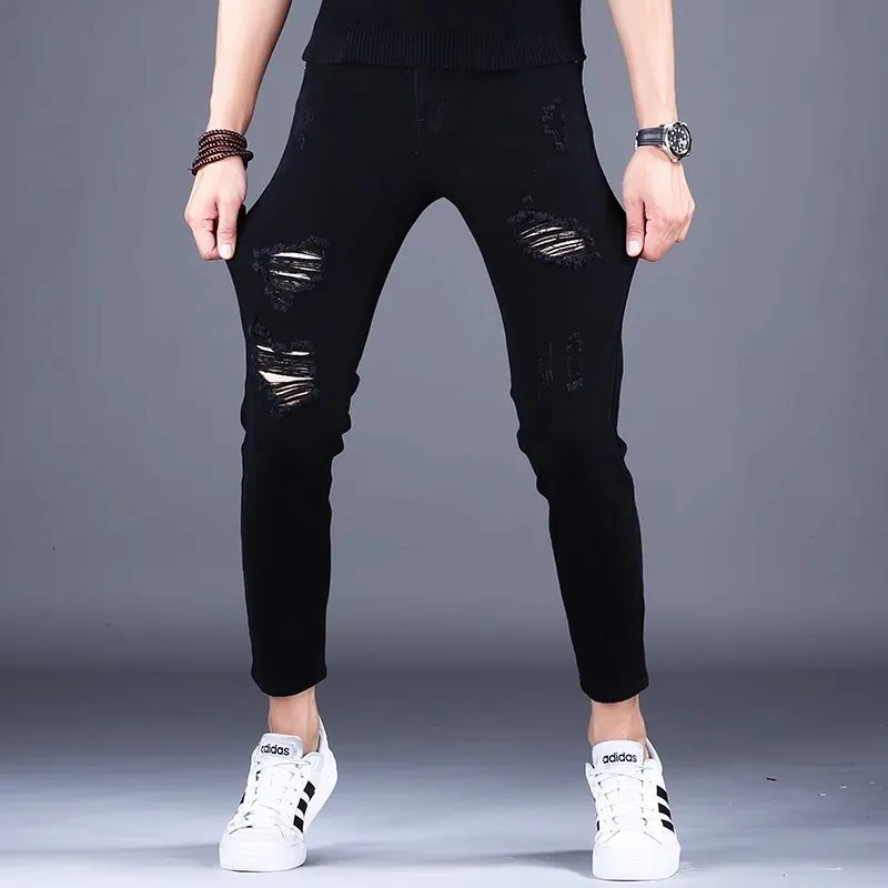 JIKENDI Jeans Men Black Ankle Length With Holes-4