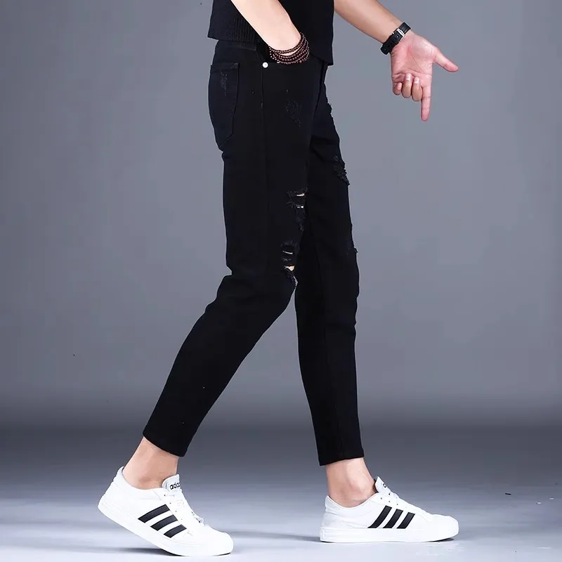 JIKENDI Jeans Men Black Ankle Length With Holes-1