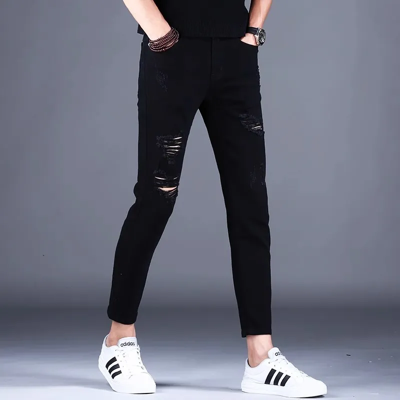 JIKENDI Jeans Men Black Ankle Length With Holes-2