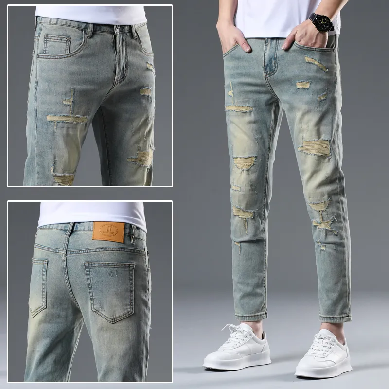 JIKENDI Jeans Men Vintage Blue Ankle Length Pants-4
