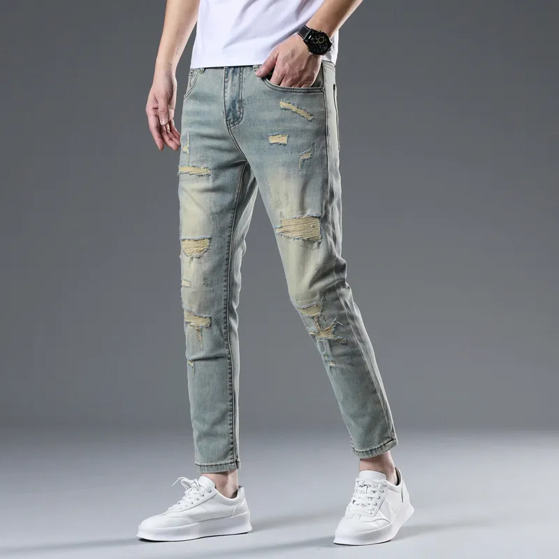 JIKENDI Jeans Men Vintage Blue Ankle Length Pants-2
