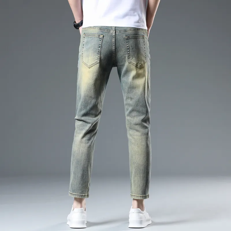 JIKENDI Jeans Men Vintage Blue Ankle Length Pants-3