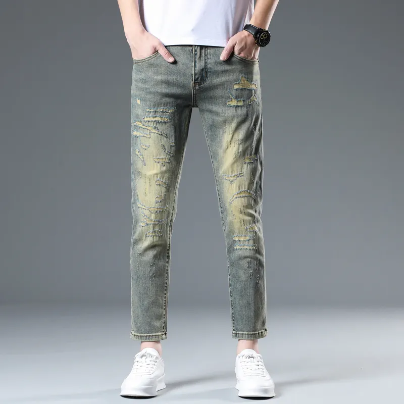 JIKENDI Jeans Men Vintage Blue Ankle Length Pants-2
