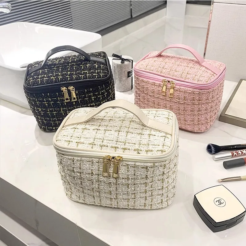 ZHENZI Chanel Inspired Large Capacity Plaid Portable Bag Makeup Bags-2