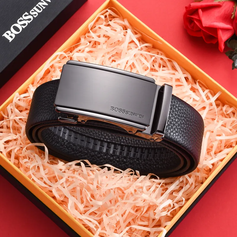 BOSSSUNWEN Top Grain Cow Leather Automatic Buckle Men's Black Width  3.5cm-4