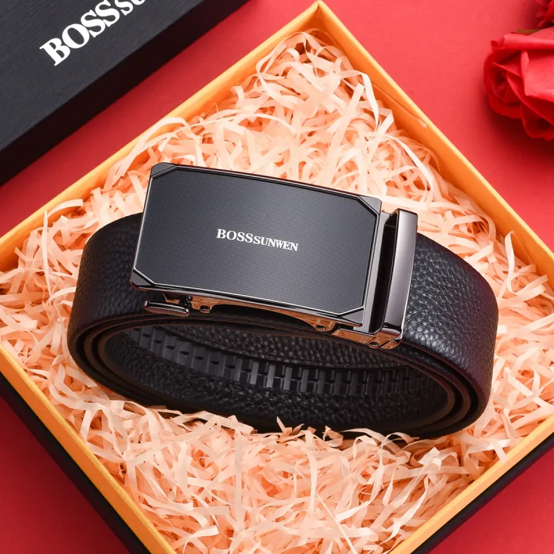 BOSSSUNWEN Top Grain Cow Leather Belts Men's Black Width 3.5cm-4
