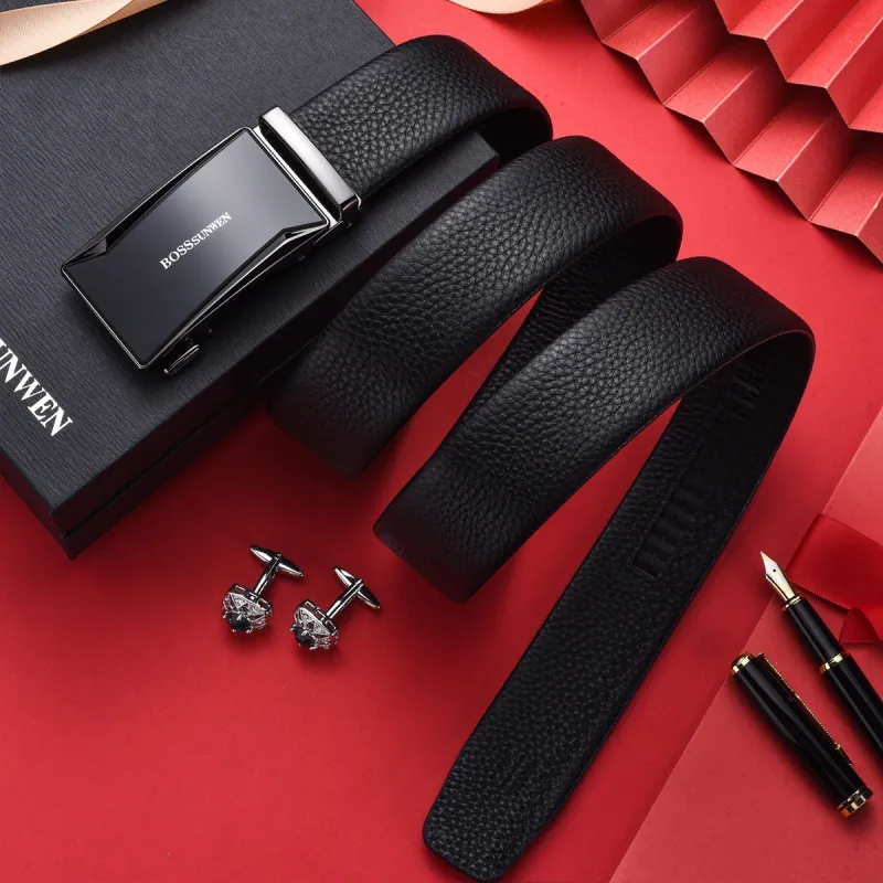 BOSSSUNWEN Top Grain Cow Leather Belts Men's Black Width  3.5cm-5