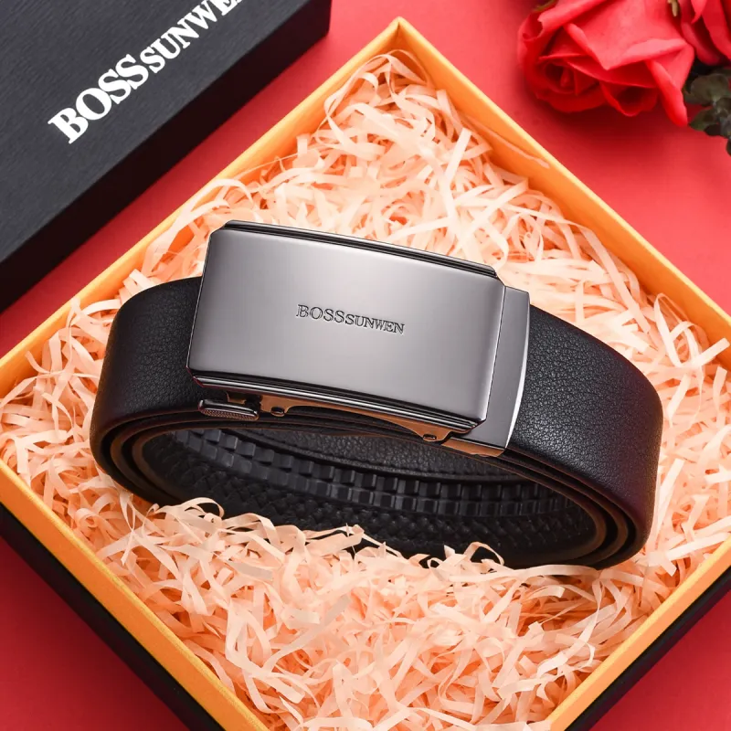 BOSSSUNWEN Top Grain Cow Leather Belts Men's Black Width  3.5cm-4
