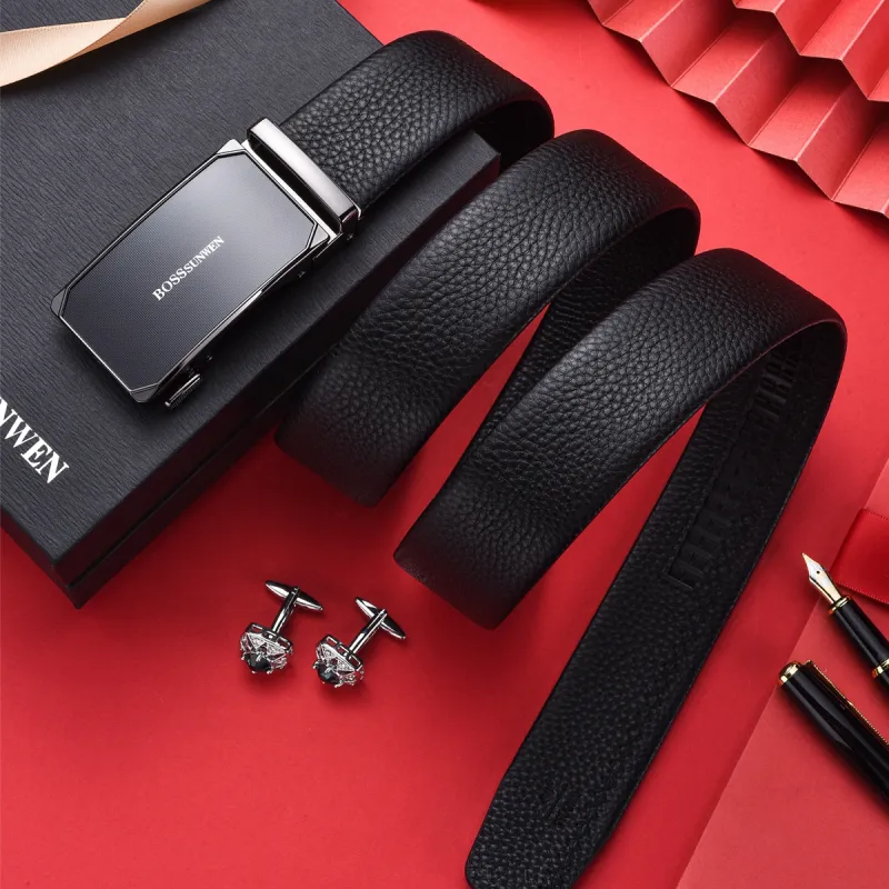 BOSSSUNWEN Top Grain Cow Leather Belts Men's Black Width 3.5cm-5