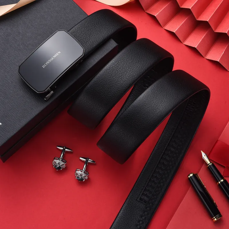 BOSSSUNWEN Men's Alloy Automatic Buckle Belt Cow Leather Belt Men's Black Width 3.5CM-5