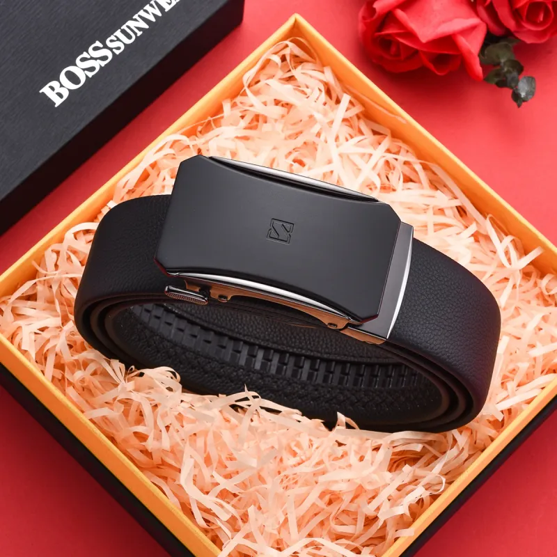 BOSSSUNWEN Top Grain Cow Leather Belts Men's Black Width 3.5CM-4