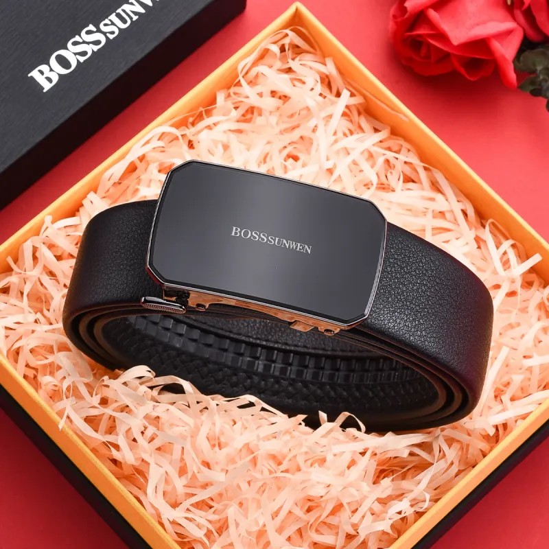 BOSSSUNWEN Men's Alloy Automatic Buckle Belt Cow Leather Belt Men's Black Width 3.5CM-4