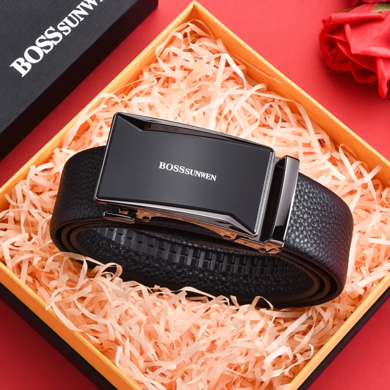 BOSSSUNWEN Top Grain Cow Leather Belts Men's Black Width  3.5cm-4