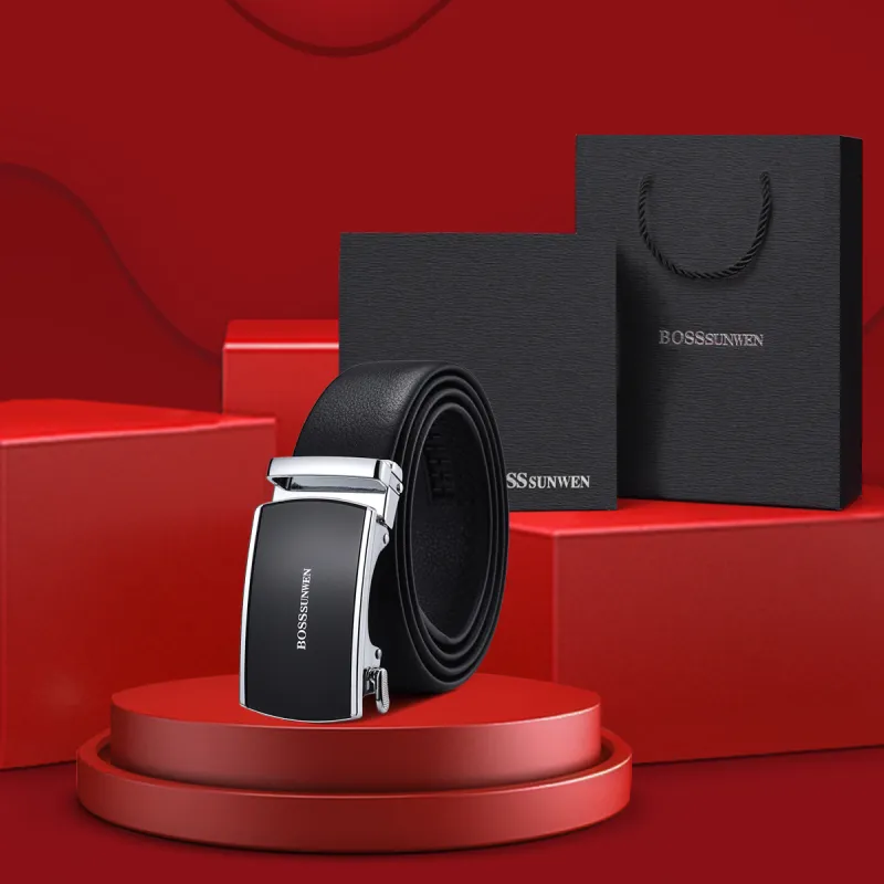 BOSSSUNWEN Men's Alloy Automatic Buckle Belt Cow Leather Belt Men's Black Width 3.5CM-6