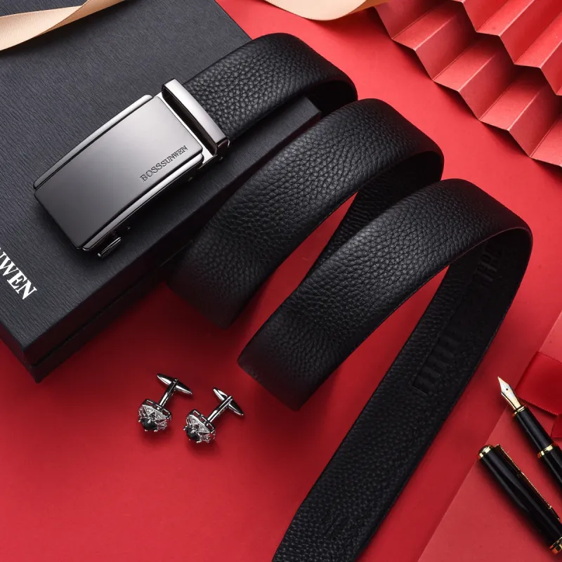 BOSSSUNWEN Top Grain Cow Leather Automatic Buckle Men's Black Width  3.5cm-5