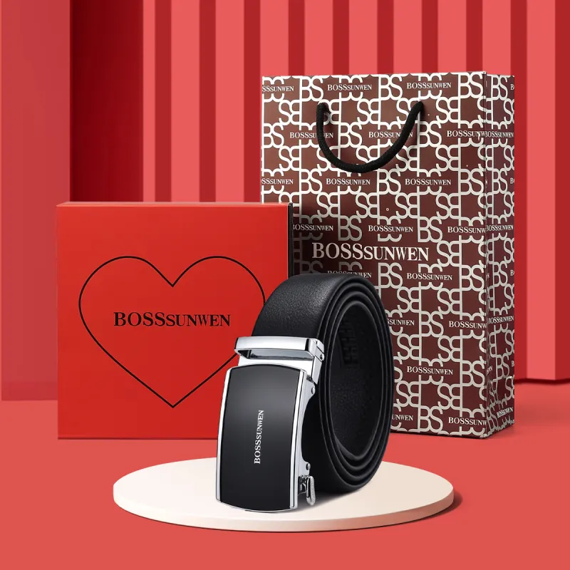 BOSSSUNWEN Men's Alloy Automatic Buckle Belt Cow Leather Belt Men's Black Width 3.5CM-7