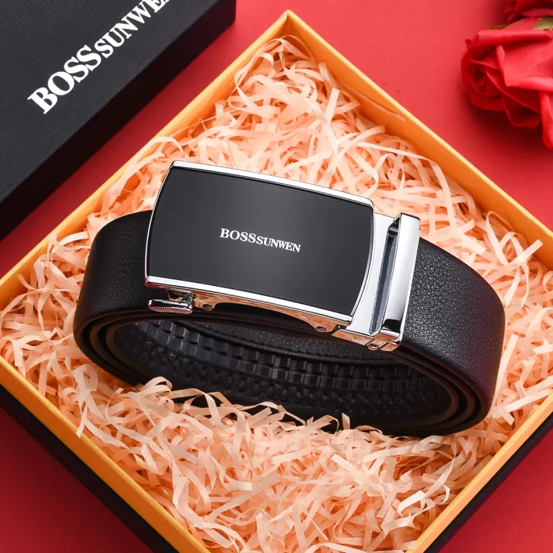 BOSSSUNWEN Men's Alloy Automatic Buckle Belt Cow Leather Belt Men's Black Width 3.5CM-4