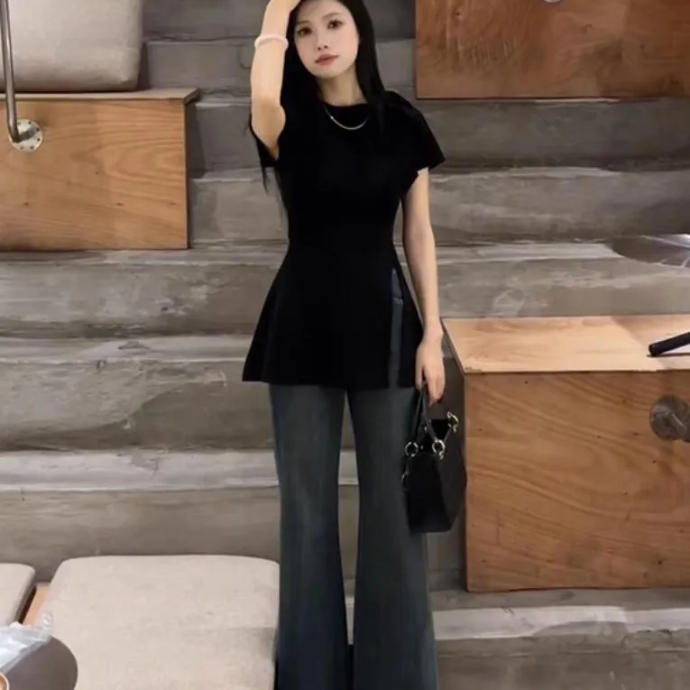 7 SEVFUN Casual Suits Women's Black Top+Blue Jeans-2