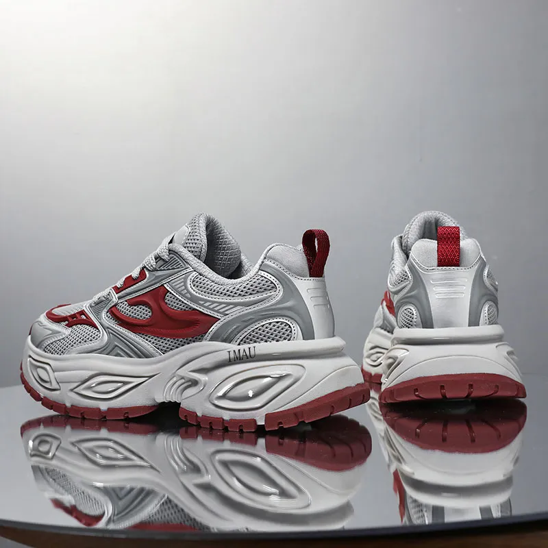 IMAU Chunky Sneakers Men Low Top Gray Red/Black/Light Coffee/Khaki-1