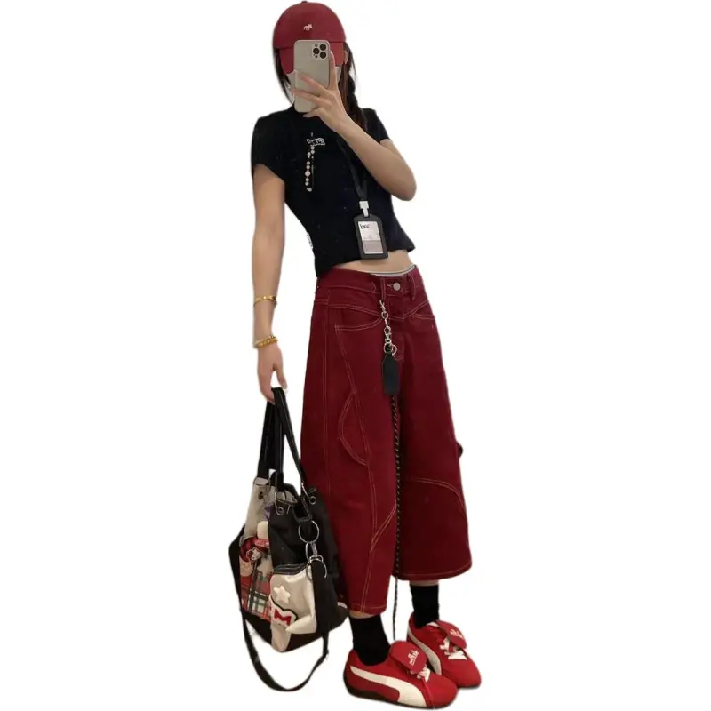 MORii Denim Shorts Unisex Red-3