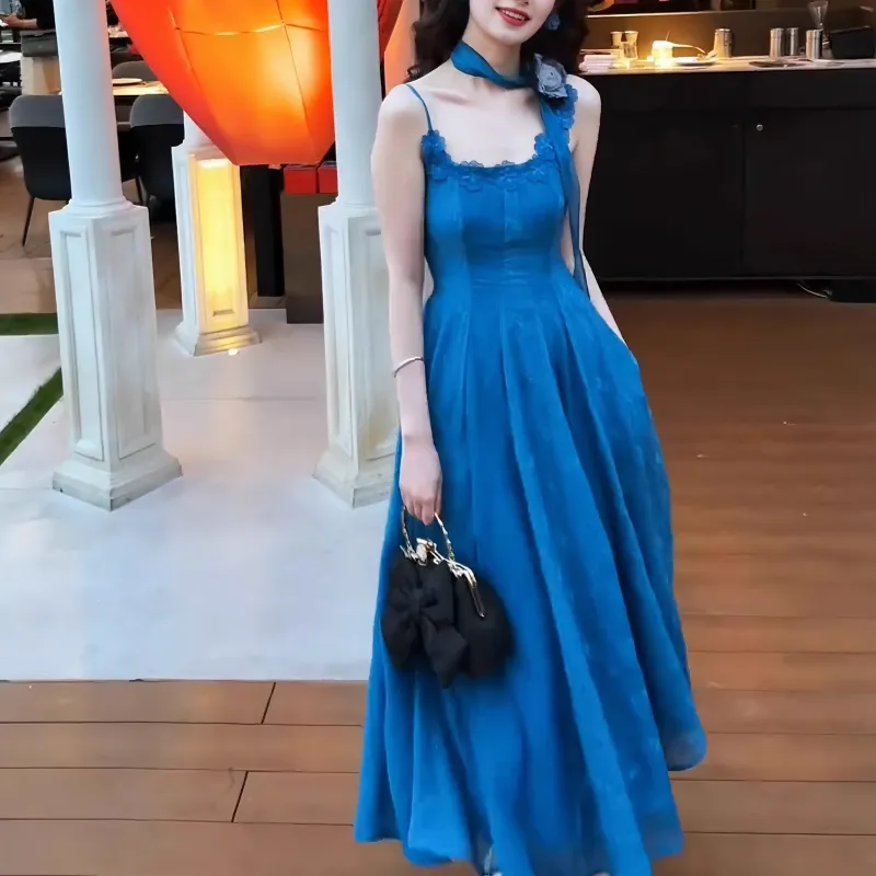 XUZINAI Slip Dresses Women's Vintage Blue+Silk Scarf+Hair Tie Comes With-1