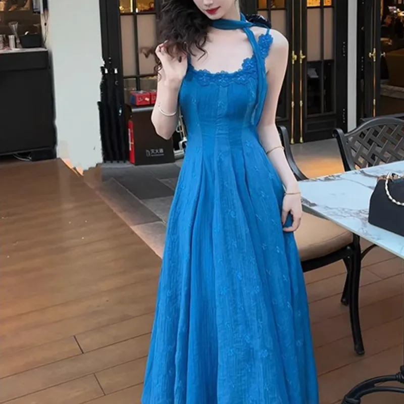 XUZINAI Slip Dresses Women's Vintage Blue+Silk Scarf+Hair Tie Comes With-3