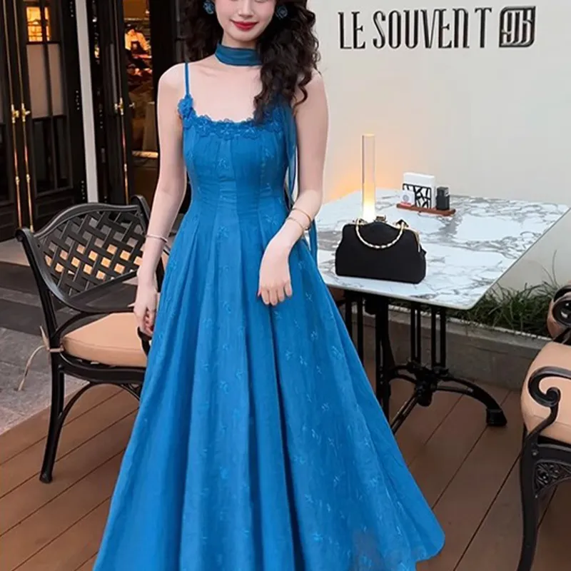 XUZINAI Slip Dresses Women's Vintage Blue+Silk Scarf+Hair Tie Comes With-4
