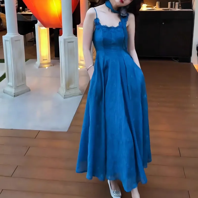 XUZINAI Slip Dresses Women's Vintage Blue+Silk Scarf+Hair Tie Comes With-2