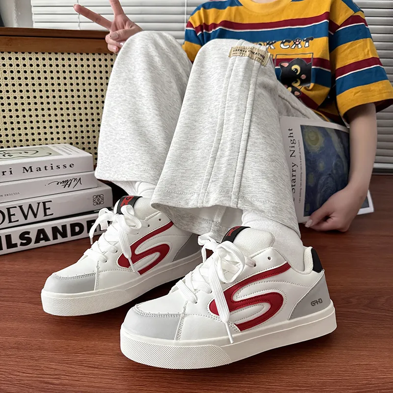 Kung Fu Partners Coverage Lightweight And Breathable Low Top Skateboard Shoes Unisex White Red-3