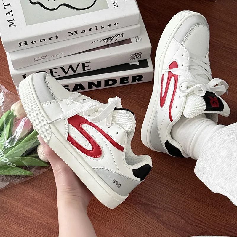 Kung Fu Partners Coverage Lightweight And Breathable Low Top Skateboard Shoes Unisex White Red-4