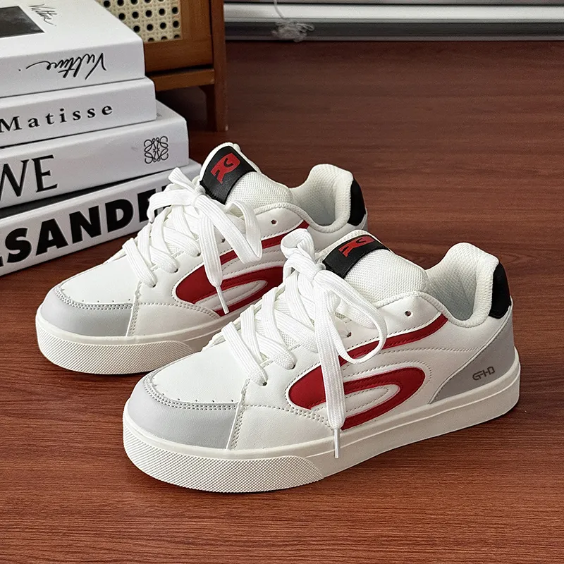 Kung Fu Partners Coverage Lightweight And Breathable Low Top Skateboard Shoes Unisex White Red-1