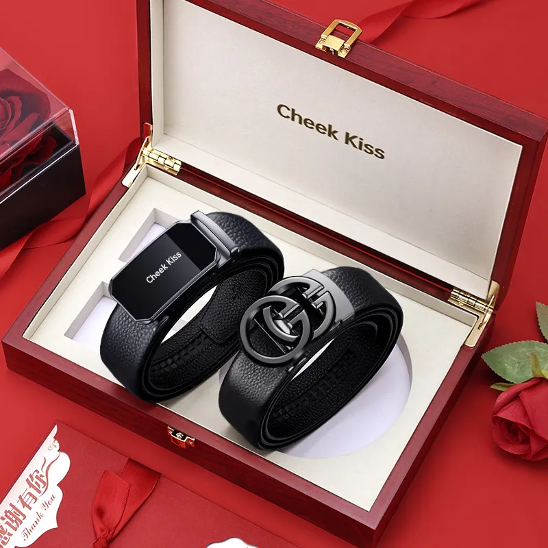 Cheekkiss Top Grain Cow Leather Litchi Grain Automatic Buckle Clothing Sets Leather Belts Men's 3.5cm-1