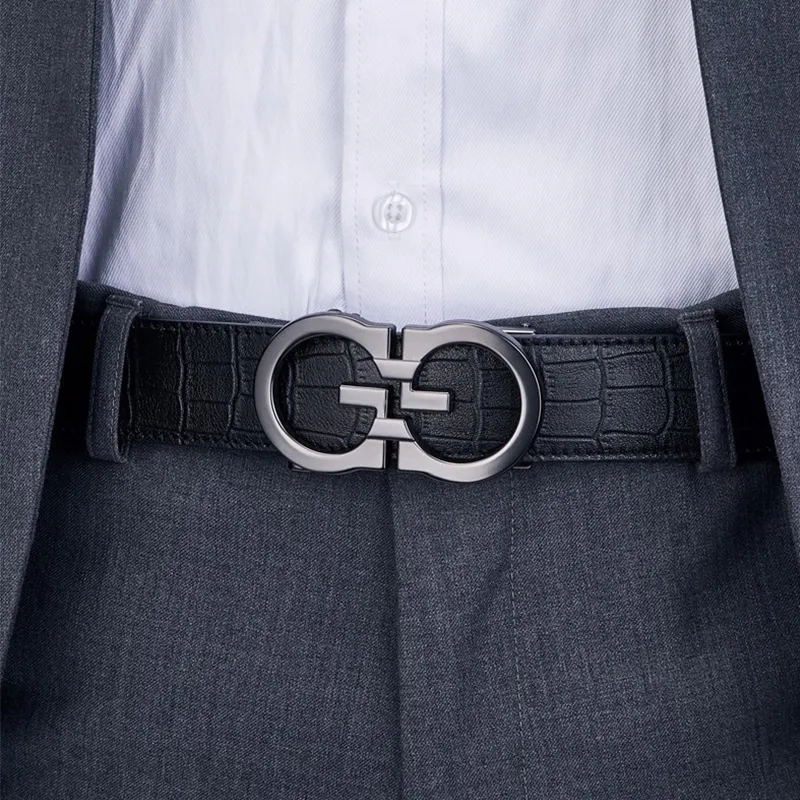 Cheekkiss Embossed Top Grain Cow Leather Belts Men's Automatic Buckle 3.5cm Casual Belt-4
