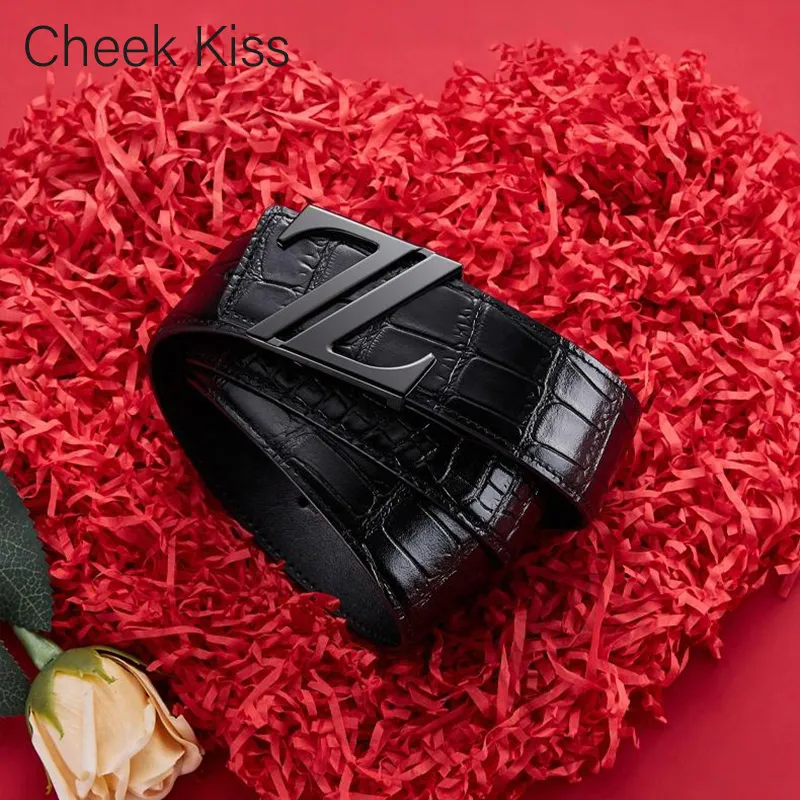 Cheekkiss Top Grain Cow Leather Crocodile Pattern Steel Buckle Leather Belts Men's 3.8cm-2