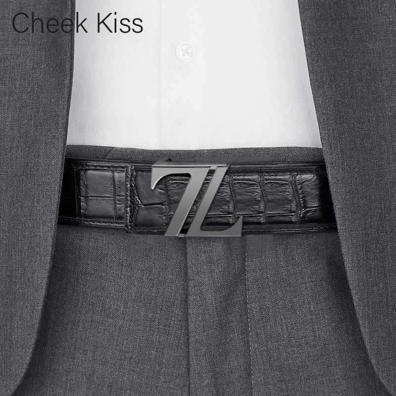 Cheekkiss Top Grain Cow Leather Crocodile Pattern Steel Buckle Leather Belts Men's 3.8cm-1