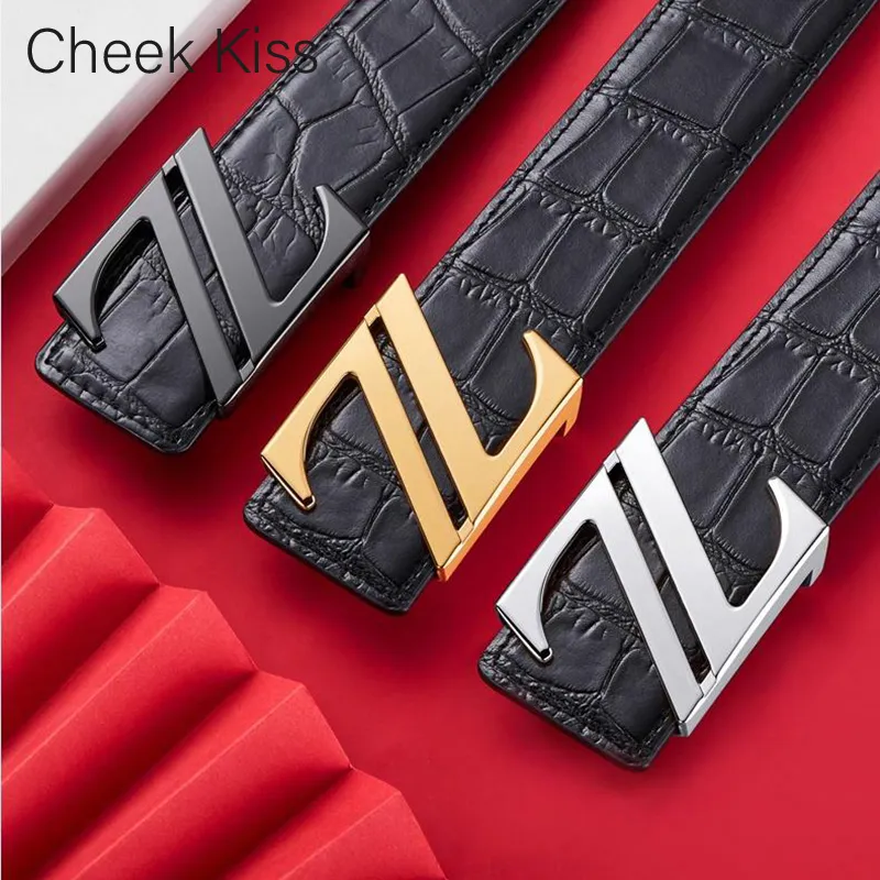 Cheekkiss Top Grain Cow Leather Crocodile Pattern Steel Buckle Leather Belts Men's 3.8cm-4