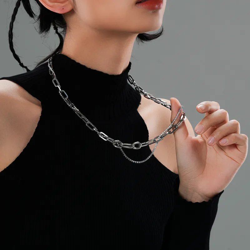 ACIUM Double Strands Layering Collarbone Chain, Titanium Steel Non Oxidizing, Plain Chain Necklaces Unisex-2