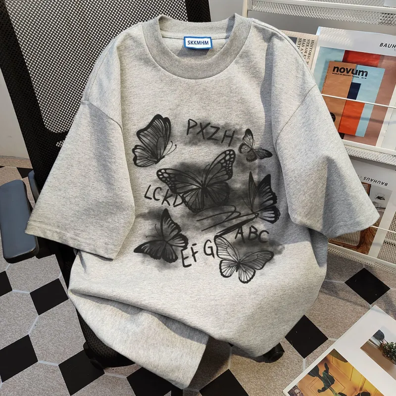 BabyStudios Niche Design Butterfly Letter Print Short Sleeved Women's Summer Hiphop Loose Top Women's-2