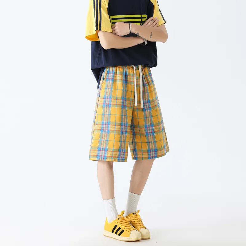 PWUE Casual Shorts Unisex Yellow & Red & Blue Multicolor Comes With White T Shirt-4