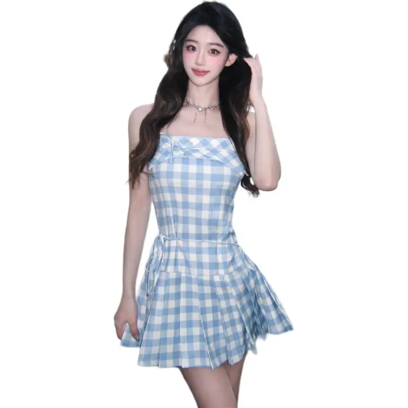Dior Beauty Slip Dresses Women's Blue White Plaid-1