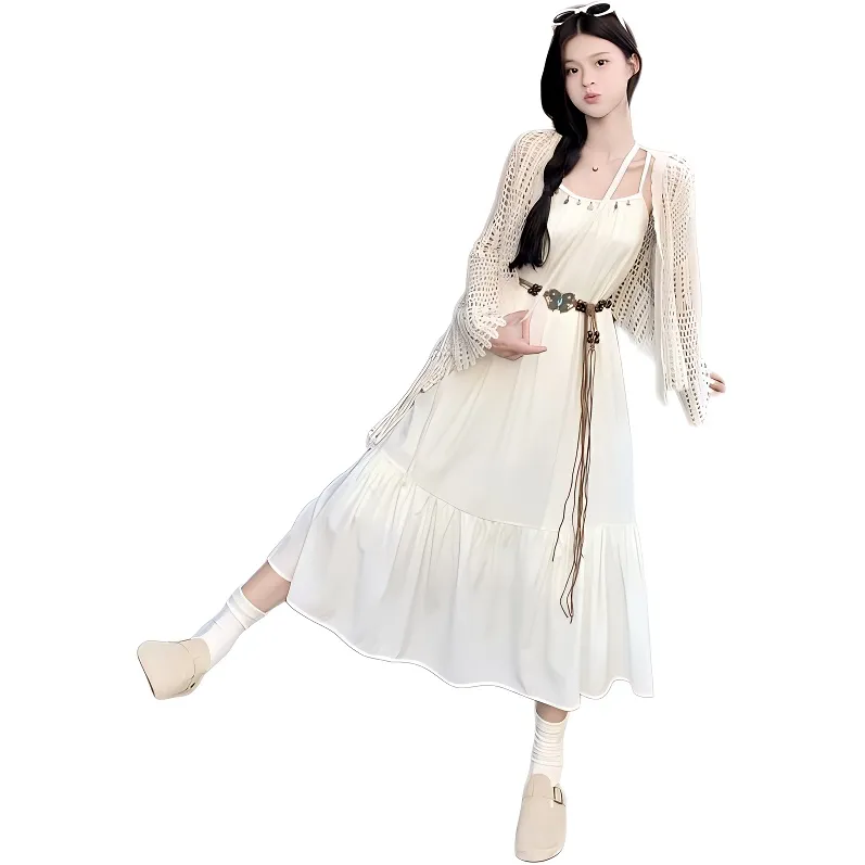 Dior Beauty Two Piece Skirt Sets Women's Cover Up+Belt+Camisole Dress-5