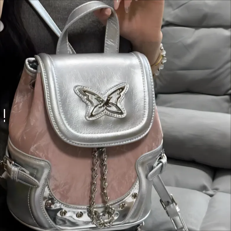 ALI THE FOX Synthetic Leather Backpack Regular Women's Silver Pink-3