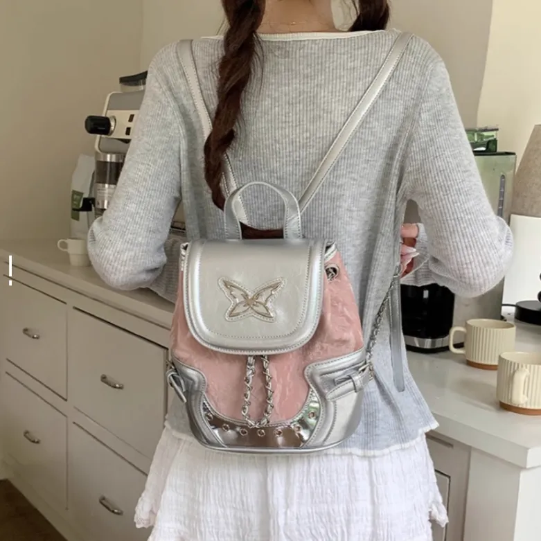 ALI THE FOX Synthetic Leather Backpack Regular Women's Silver Pink-2