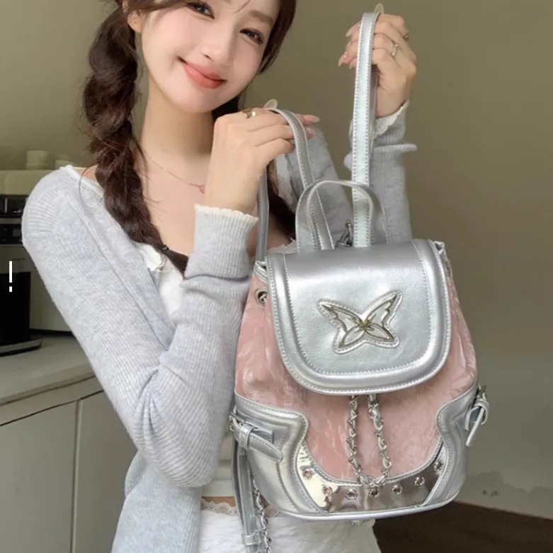 ALI THE FOX Synthetic Leather Backpack Regular Women's Silver Pink-1