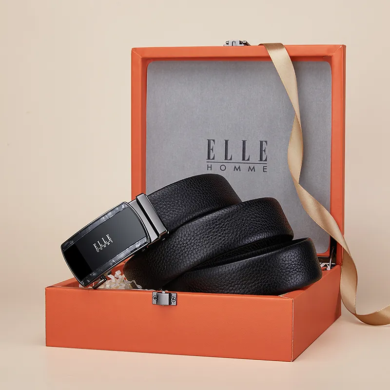 ELLE HOMME Top Grain Cow Leather Fashion Trend Casual Versatile Belt, Gift Box Set Men's Width 3.5cm-2