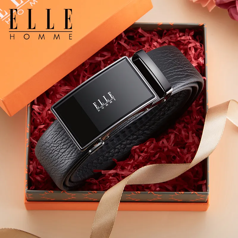 ELLE HOMME Top Grain Cow Leather Belts Men's Gunmetal, Gold 3.5cm-2